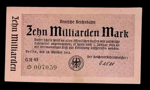 1923 Alemania Reichsbahn billete de 10 mil millones/10.000.000.000 de marcos - Imagen 1 de 2