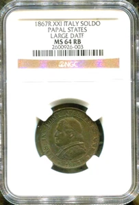 VATICAN - SPECTACULAR HISTORICAL SOLDO, 1867R/XXI, LGE DATE,  NGC GRADED MS64RB - Picture 1 of 2