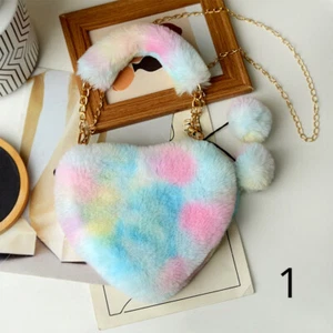 Borsa a mano donna in pelliccia finta borsa a croce soffice pelosa a forma di cuore cravatta tintura regalo carino - Foto 1 di 19