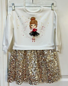 Max 2-3 Girl Dress Ballerina Tulle Graphic Long Sleeve Glitter Skirt White Tutu - Picture 1 of 13