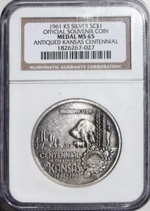 1961 Kansas Statehood Centennial Silver-Plated Medal - MS65 NGC - KS Token, Coin - Picture 1 of 4
