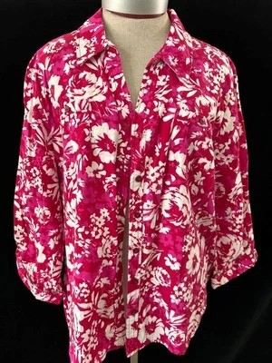 Blusa Erika Top Talla XL Botones Floral 2 Bolsillos Manga 3/4 Cuello en V Rojo Blanco Foto 1 de 4