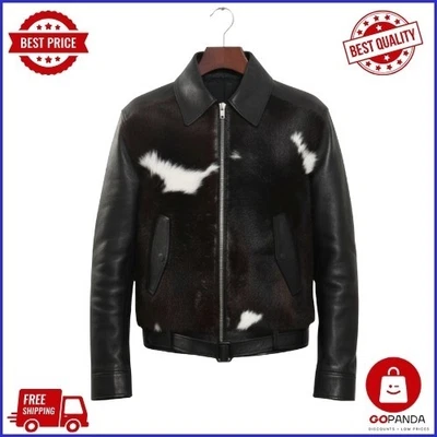 Chaqueta de cuero de vaca negra hecha a mano - Abrigo de motociclista occidental de piel con pelo Foto 1 de 4