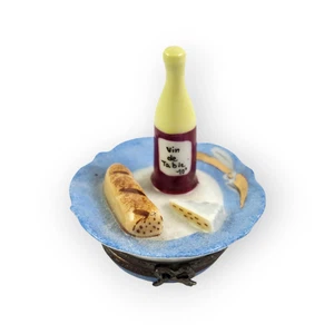 Limoges France Plate with Wine Bottle, Baguette & Brie Cheese Trinket Box - Picture 1 of 5