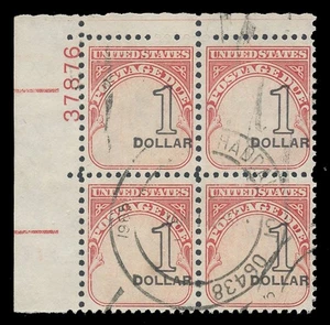 USA Sc. #J100, $1.00 PLATE BLOCK OF 4, STRONGLY SHIFTED TO THE RIGHT, USED - Picture 1 of 2