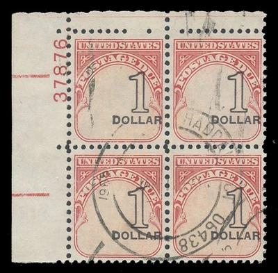 USA Sc. #J100, $1.00 PLATE BLOCK OF 4, STRONGLY SHIFTED TO THE RIGHT, USED - Image 1 of 2