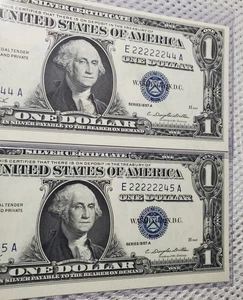 1957 $1 Fancy Serial Number Binary Near Solid 22222244/45 Rare Consecutive Notes - Picture 1 of 10