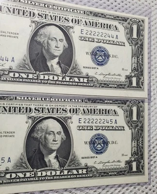 1957 $1 Fancy Serial Number Binary Near Solid 22222244/45 Rare Consecutive Notes - Image 1 of 4