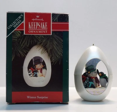 1992 Hallmark Keepsake Ornament Winter Surprise Scene in egg in box - Image 1 of 4
