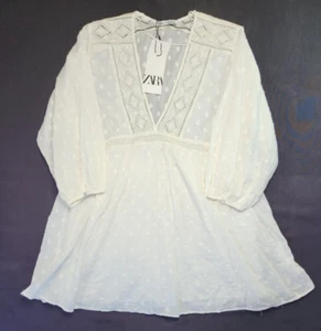 Zara white light cotton boho mini dress eyelet V neck long sleeve New XL - Picture 1 of 11