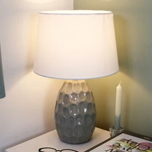 Oval Textured Table Lamp Grey Base White Fabric Shade Ceramic Tall Bedside Light - Picture 1 of 5