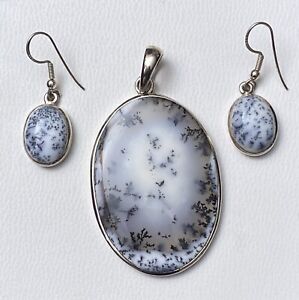Sj 925 Sterling Silver Dendritic Agate Large Pendant & Matching Earrings