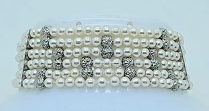 B054 Boho 1 inch Wide lt white Faux Pearl Elasticated Stretchy fashion Bracelet - Picture 1 of 6