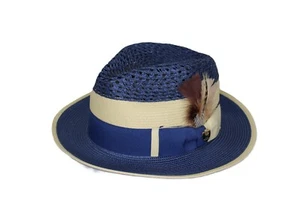 Hombre Bruno Capelo Fedora 100% Poli Trenza Natural y Azul Marino PK-983 - Imagen 1 de 7