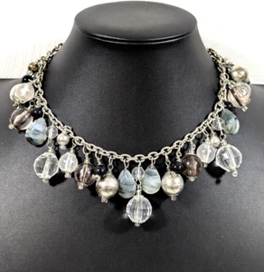 Beachy Coastal Gray Black Glass Acrylic Charm Cha Cha Statement Necklace 16.5 in - Picture 1 of 11