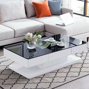 Coffee Table High Gloss Black/White Tempered Glass 2 Drawers Modern Living Room - Picture 1 of 25