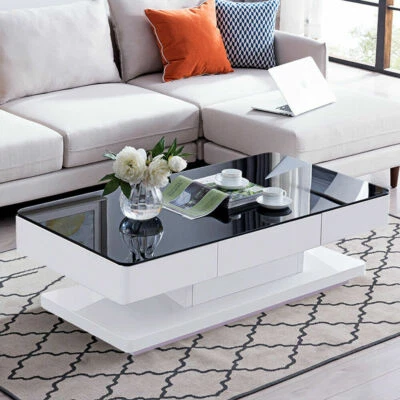 Coffee Table High Gloss Black/White Tempered Glass 2 Drawers Modern Living Room