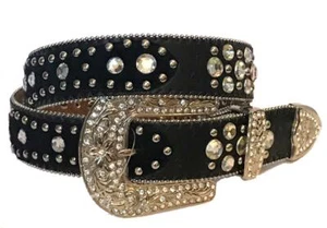 Atlas Western Womens Belt Rhinestones Studded Black - Picture 1 of 2