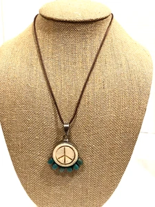 Collana Vintage Argento 925 Simbolo Pace Turchese Sud Occidentale e Cuoio Corno - Foto 1 di 8