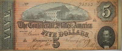 1864 $5 Confederate States Of America Currency AU/UNC+ Stains P186 - Image 1 of 2