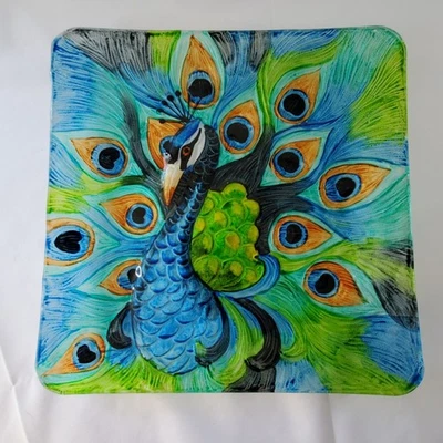 Placa de vidrio de pavo real cuadrada de arte de exhibición placa de vidrio 12"x12 Suncatcher Foto 1 de 4