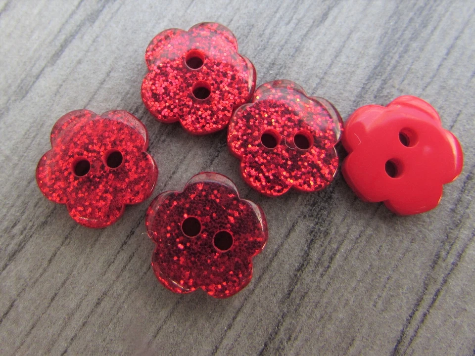 10mm Red Glitter Flower Buttons 2 Hole Sew On In Pack sizes of 5, 10 or 20 - Image 1 of 1