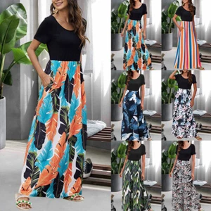 Women Summer Patchwork Casual A-Line Dress Short Sleeve Summer Beach Maxi Dress - Picture 1 of 26