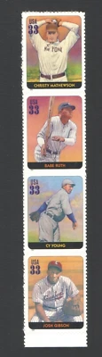 Unused US Postage Strip 33 Cent Stamps LEGENDS OF BASEBALL Babe Ruth Cy Young Jo - Image 1 of 2