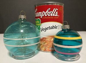 2 Vtg Unsilvered WWII Teal & Multicolor Striped Christmas Balls & 1 w/ Tinsel