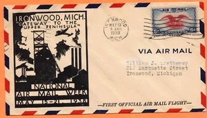 Ironwood, MI, National Air Mail Week Cover pm 19 May 1938 - Picture 1 of 2