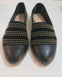 Loeffler Randall Espadrille Flat Mara Size 7 Leather Gold Stud Black Cap Toe - Picture 1 of 8
