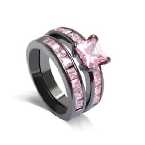 Elegant Titanium Steel Gun Black Pink Rhinestone New Fashion 2 in 1 Ring Size 9