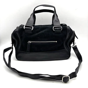 Vintage BCBGMAXAZRIA Black Genuine Suede Leather Large Duffle Bag Purse 13x8.5" - Picture 1 of 16