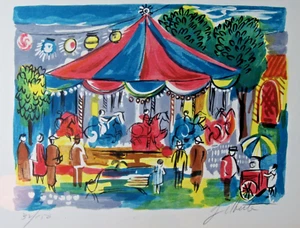 Litografia arte moderna metà secolo giostra cavalli parco bambini firmata Gilberte - Foto 1 di 8