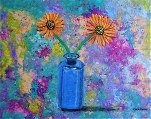 Painting Original Van Gogh Style Signed Art Still Life Flowers Vase Carla Dancey - Picture 1 of 5