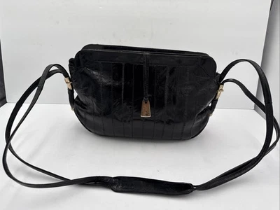 Vintage Genuine Eel Skin Purse Bag Black With Shoulder Strap Suede Inside - Image 1 of 4