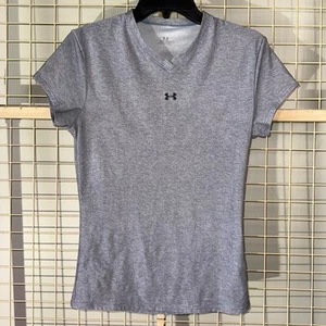 UNDER ARMOUR Girl's L V-Neck Short Sleeve Gray Pullover Activewear Top Logo - Picture 1 of 11