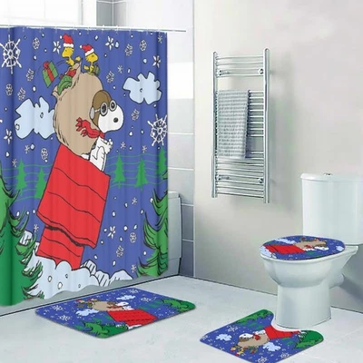 Snoopy Navidad Entrega Impresión Cortina de Ducha Baño Matemáticas Inodoro Tapa Cubierta Alfombra Foto 1 de 4