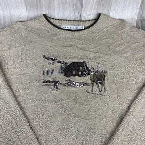 Shenandoah Strickpullover Herren LARGE Struktur Rundhals bestickt Hirsch Ente 90er - Bild 1 von 9
