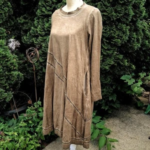 Cynthia Ashby Brown 100% Cotton Hand Dyed USA Artsy Boho Long Sleeve Dress S - Picture 1 of 8