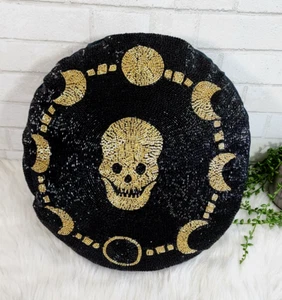 Halloween Cuentas Calavera Almohada Negro Dorado Luna Gótico Redondo 18"x18" NUEVO - Imagen 1 de 5