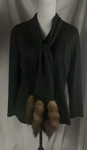 Laura Gene Vintage Black Button Up Blouse Shirt With Real Fur Tassels Size L? - Picture 1 of 10
