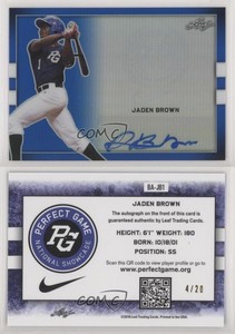 2018 Leaf Perfect Game National Showcase Metal Blue /20 Jaden Brown #BA-JB1 Auto