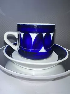 70's Arabia Finland Sotka Cup and Saucer Set Vintage Blue White Pattern - Picture 1 of 6
