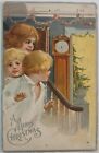Vintage Postcard Christmas Clock Children Silver Tone Embossed AA22