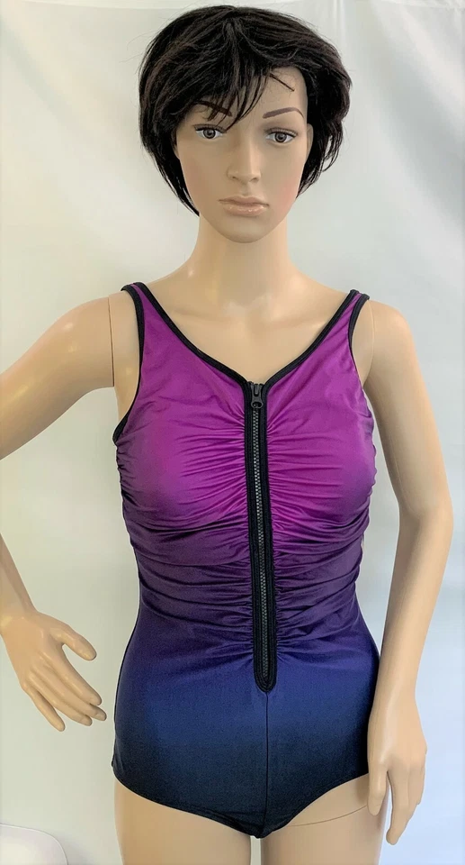 SPEEDO POWERFLEX ECO Plunge Zip Ombre Purple Ruched 1pc Swimsuit Size 8
