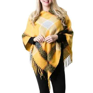 Cecece Poncho Wrap gelb Fransen kariert - Bild 1 von 2