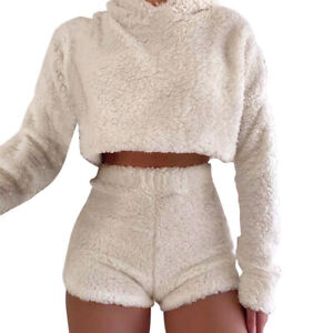 Womens Teddy Bear Fleece Fluffy Hooded Crop Tops Shorts Set Tracksuit Loungewear