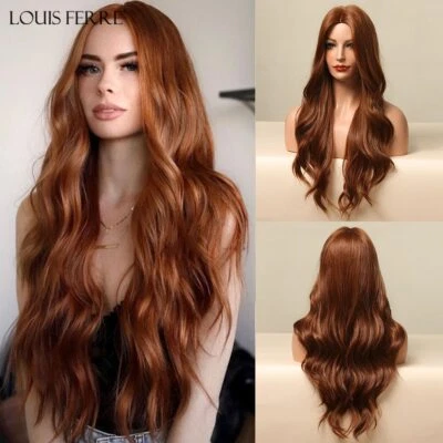 Red Brown Long Natural Wavy Synthetic Wig Middle Parted Ginger Wigs for Women - Image 1 of 4