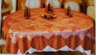 Fabric Lace Tablecloth 62"x82" (6-8 ppl) FALL, HARVEST PUMPKIN & LEAVES by Forum - Image 1 of 4